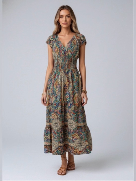 Dresses & Skirts - Boho Paisley Shirred Waist Ruffle Hem Maxi Dress Multicolor